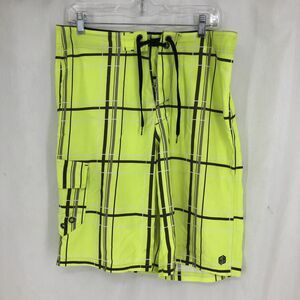 Buckle BKE Sport Slim Fit Swim Trunks Neon Yellow Plaid Shorts 32
